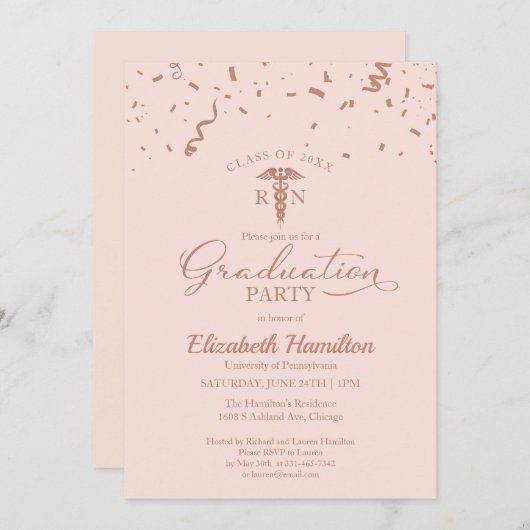 Medical Nursing School Grad Party Rose Gold Einladung (Vorne/Hinten)