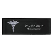 Medical Silver Caduceus on Black Classy Namenschild (Vorderseite)
