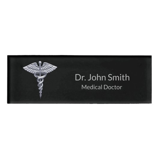 Medical Silver Caduceus on Black Classy Namenschild (Vorderseite)