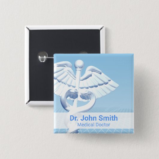 Medical White 3D Caduceus Blue Design Button (Vorne & Hinten)