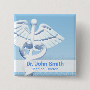 Medical White 3D Caduceus Blue Design Button