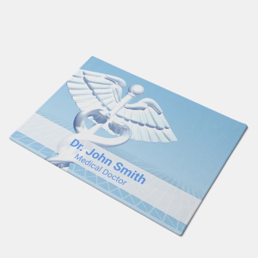 Medical White 3D Caduceus Blue Design Fußmatte (Schrägansicht)