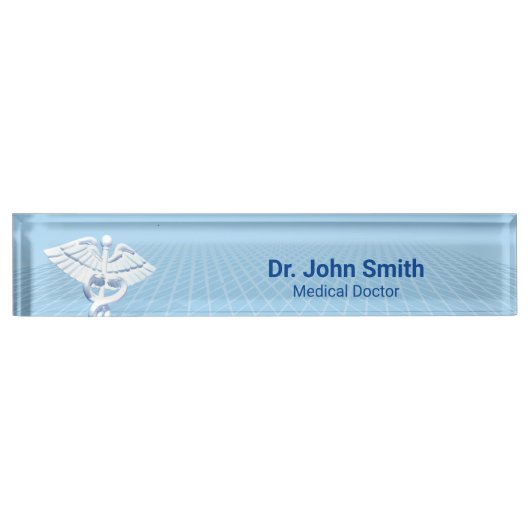 Medical White 3D Caduceus Blue Design Namensplakette (Vorderseite)