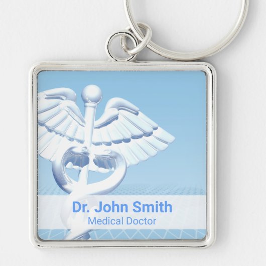 Medical White 3D Caduceus Blue Design Schlüsselanhänger (Vorne)