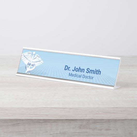 Medical White 3D Caduceus Blue Design Schreibtischnamensplakette (Vorderseite )