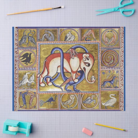 MEDIEVAL BESTIARY,ELEPHANT COMBATING SNAKE DRAGON SEIDENPAPIER (Basteln)