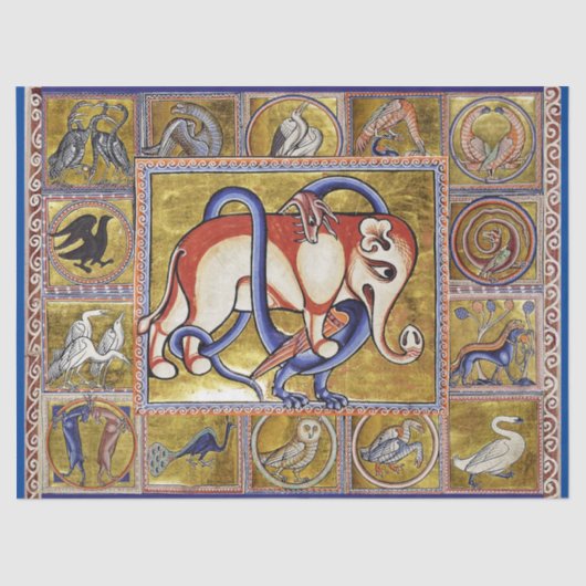 MEDIEVAL BESTIARY,ELEPHANT COMBATING SNAKE DRAGON SEIDENPAPIER (Vorderseite)