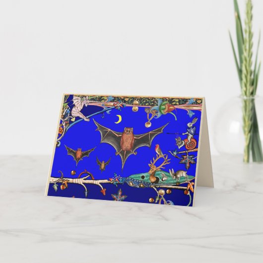 MEDIEVAL BESTIARY,FLYBATS WALDTIERE Blau Feiertagskarte (Vorderseite)