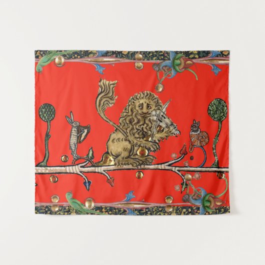 MEDIEVAL BESTIARY MACHEN MUSIK Violinist Lion Red Wandteppich (Vorderseite (Horizontal))