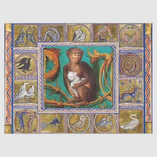 MEDIEVAL BESTIARY, MONKEY AND WHITE CAT,TIERE SEIDENPAPIER (Vorderseite)