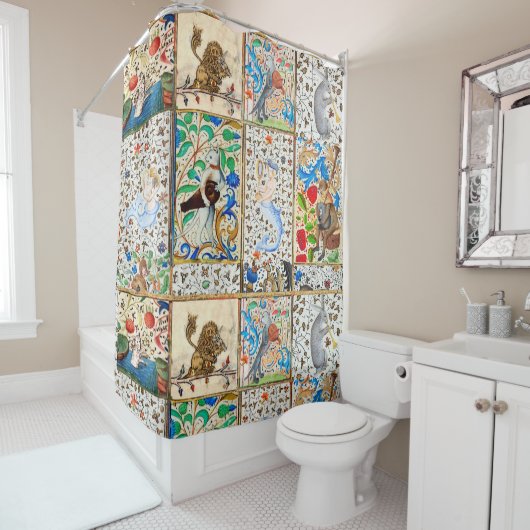 MEDIEVAL BESTIARY PLAYING MUSICAL INSTRUMENTS DUSCHVORHANG (Beispiel)