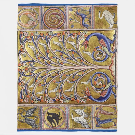 MEDIEVAL BESTIARY,VÖGEL AUF BAUM DES LEBENS,DRAGON FLEECEDECKE (Vorderseite)