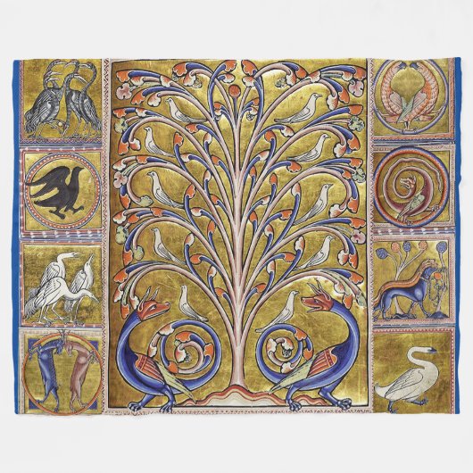 MEDIEVAL BESTIARY,VÖGEL AUF BAUM DES LEBENS,DRAGON FLEECEDECKE (Vorderseite (Horizontal))