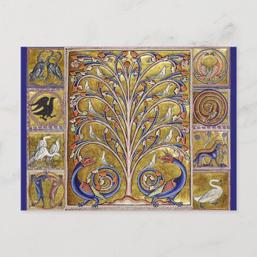 MEDIEVAL BESTIARY,VÖGEL AUF BAUM DES LEBENS,DRAGON POSTKARTE (Vorderseite)