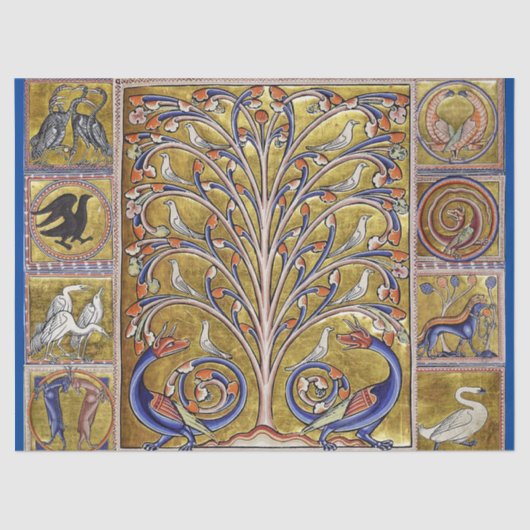 MEDIEVAL BESTIARY,VÖGEL AUF BAUM DES LEBENS,DRAGON SEIDENPAPIER (Vorderseite)