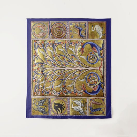 MEDIEVAL BESTIARY,VÖGEL AUF BAUM DES LEBENS,DRAGON WANDTEPPICH (Vorderseite)