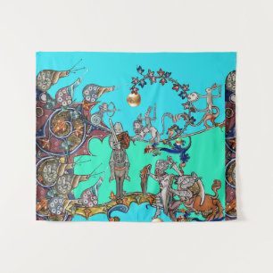 MEDIEVAL BESTIARY WAR, KNIGHTS, GIANT SNAILS Blue Wandteppich