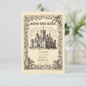 Medieval Castle Sepia Illustration Wedding Save The Date (Stehend Vorderseite)
