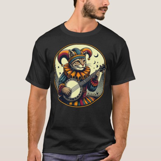 Medieval Cat Playing Banjo Jester T-Shirt (Vorderseite)