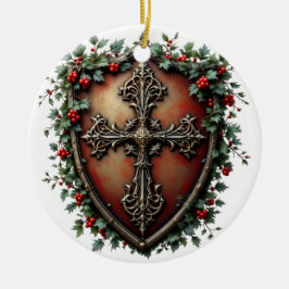 Medieval Christmas Shield with Gothic Cross Keramik Ornament