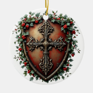 Medieval Christmas Shield with Gothic Cross  Keramik Ornament