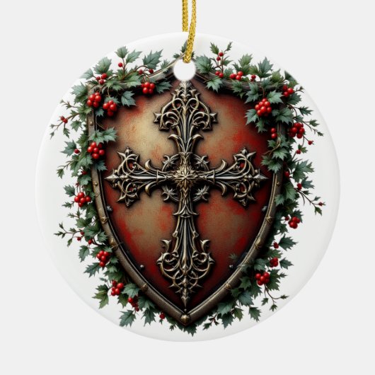 Medieval Christmas Shield with Gothic Cross Keramik Ornament (Vorne)