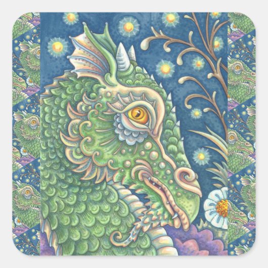 MEDIEVAL DRAGON HEAD PORTRAIT, WHIMSICAL FANTASY QUADRATISCHER AUFKLEBER (Vorderseite)