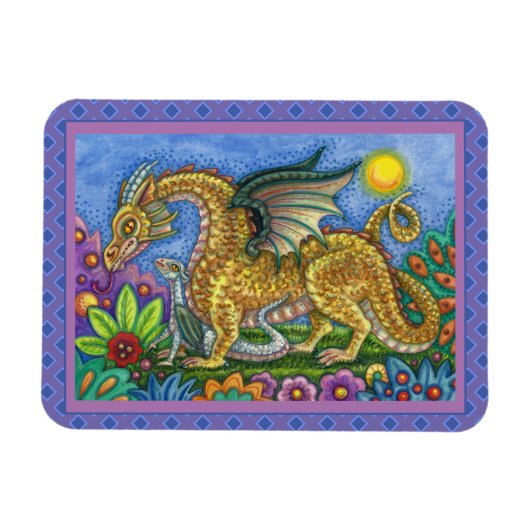 MEDIEVAL DRAGON & YOUNG, FARBIG FOLGART GARDEN MAGNET (Horizontal)