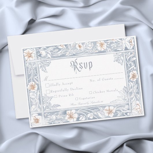 Medieval Fantasy Frame Blue Gold Etching Wedding RSVP Karte