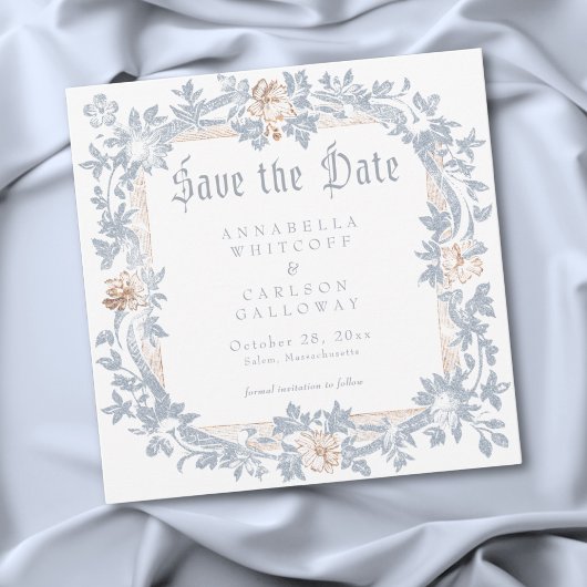 Medieval Fantasy Frame Blue Gold Etching Wedding Save The Date