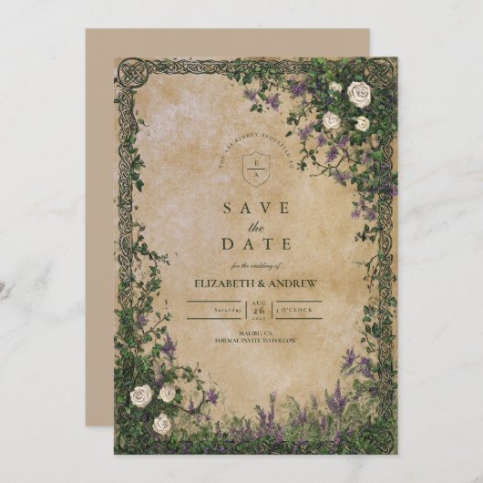 Medieval Garden Romance Wedding Save The Date (Vorne/Hinten)