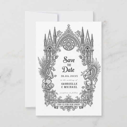 Medieval Gothic Dragon Griffin Black Etching Save  The Date (Vorderseite)