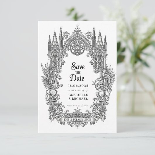 Medieval Gothic Dragon Griffin Black Etching Save  The Date (Stehend Vorderseite)