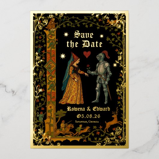 Medieval Knight and Lady Manuscript Save the Date Folieneinladung (Vorderseite)