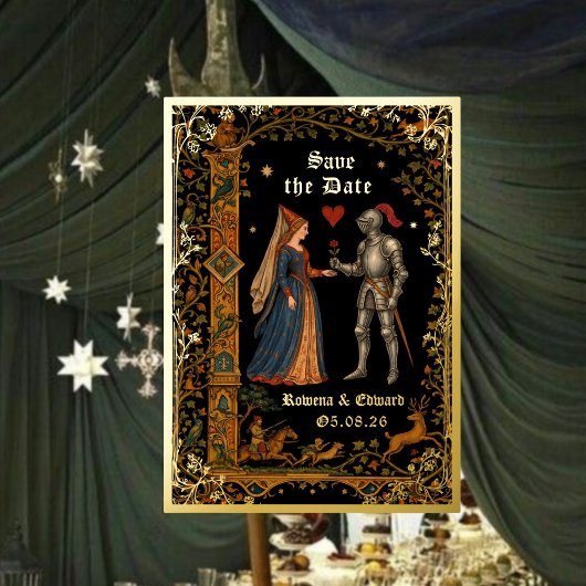 Medieval Knight and Lady Manuscript Save the Date Folieneinladung