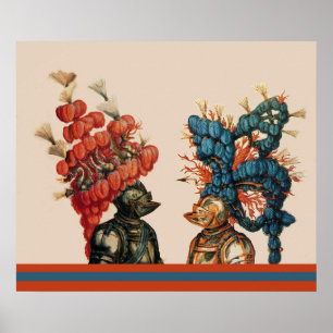 MEDIEVAL KNIGHT HELMETS MIT RED FEATHERS DRAGONS POSTER