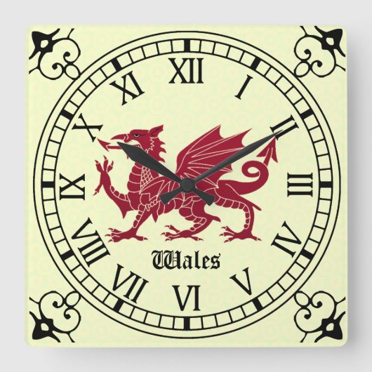 Medieval Welsh Dragon Wall Clock - Roman Numerals Quadratische Wanduhr (Vorderseite)