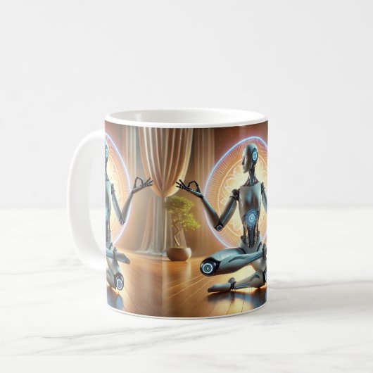 Meditating AI Robot Mug – Zen Cybernetic Kaffeetasse (Vorderseite Links)