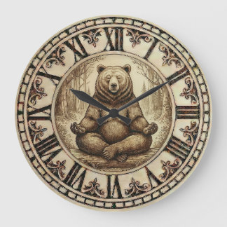 Meditating Bear Wall Clock – Wood-Burned style  Große Wanduhr