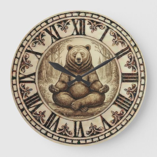 Meditating Bear Wall Clock – Wood-Burned style Große Wanduhr (Vorderseite)
