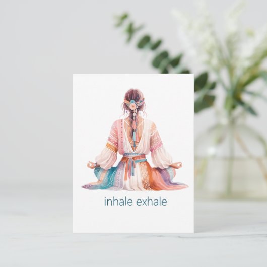 Meditation- Illustration mit Frau- boho- inhale Postkarte (Stehend Vorderseite)