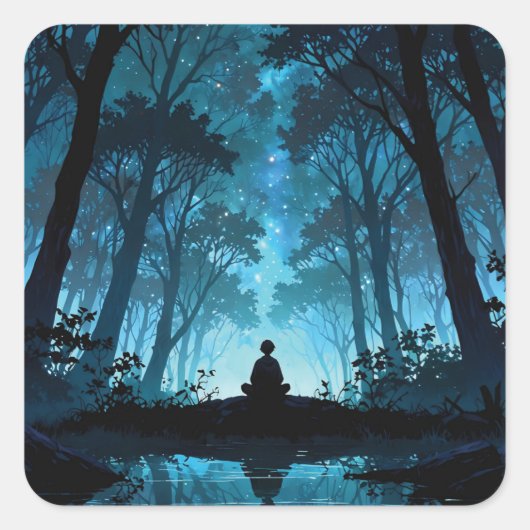 Meditation in the forest at night quadratischer aufkleber (Vorderseite)