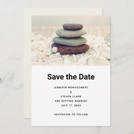 Meditative Cairn-Hochzeit für gestapelte Steine Save The Date (Vorne/Hinten)