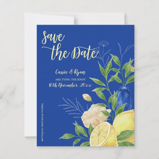 Mediteran Blue Lemon Wedding Save the Date (Vorderseite)
