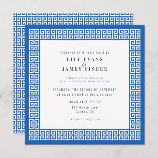 Mediterran Blauer Griechischer Schlüssel Einladung (Vorne/Hinten)