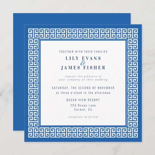 Mediterran Blauer Griechischer Schlüssel Einladung (Vorne/Hinten)