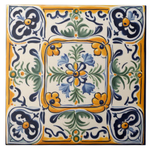 Mediterran Gelb & Blau Blume Folk Kunst, Dichtung Fliese