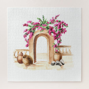 Mediterrane Architektur, Blume, Aquarell, h Puzzle