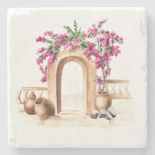 Mediterrane Architektur, Blume, Aquarell, h Steinuntersetzer