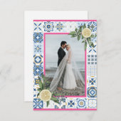 Mediterrane blaue Fliesen Pink Lemon Fotokarte Einladung (Vorne/Hinten)